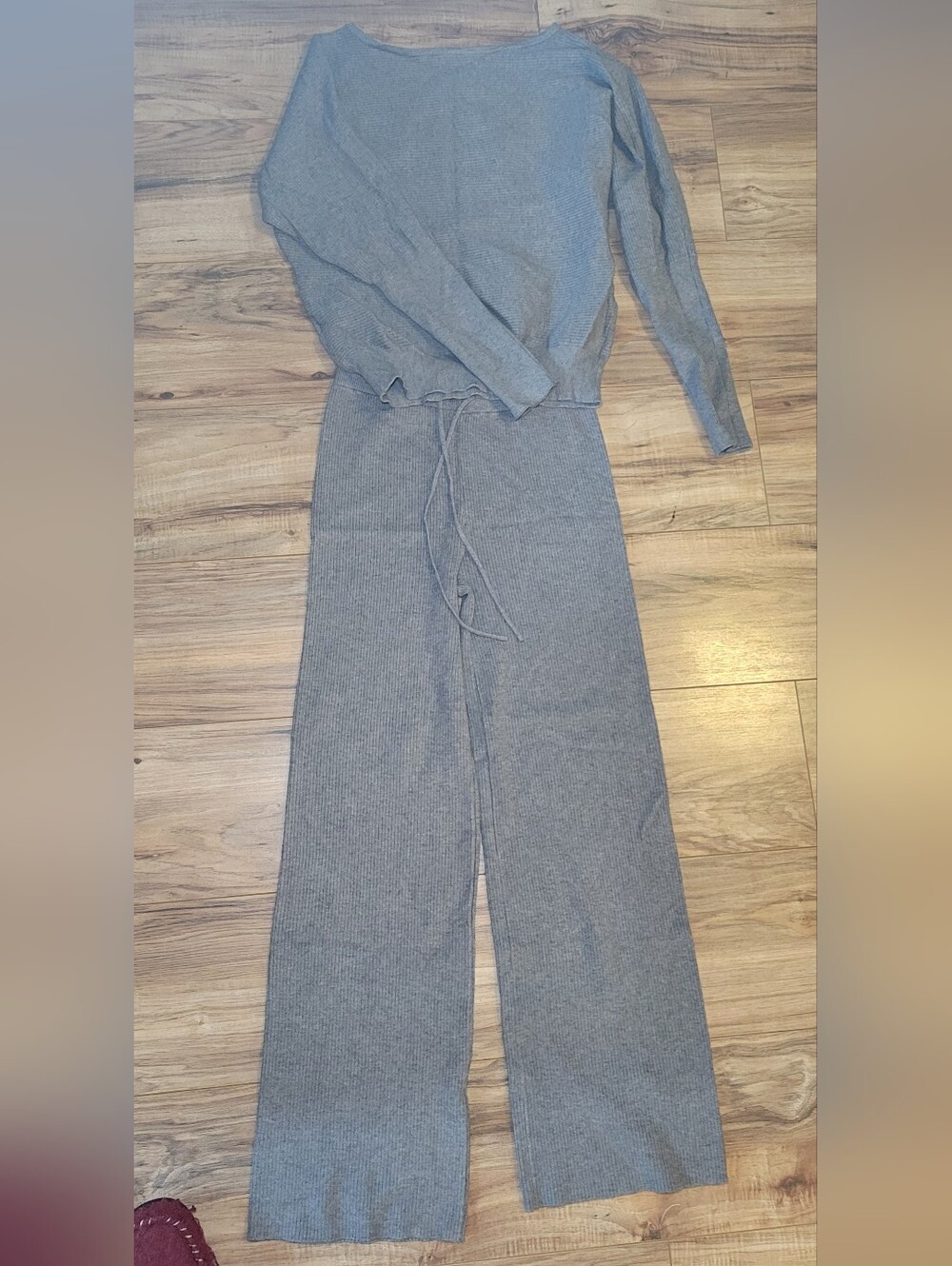 Womens Small Gray Knit Two-Piece Sweater Set - Ribbed Top & Wide Leg Pants
